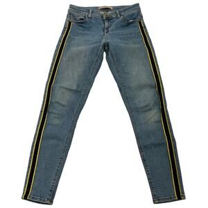 Zara Women’s Size 4 Basic Blue Jeans Yellow Navy Side Seam Trim Stretch
